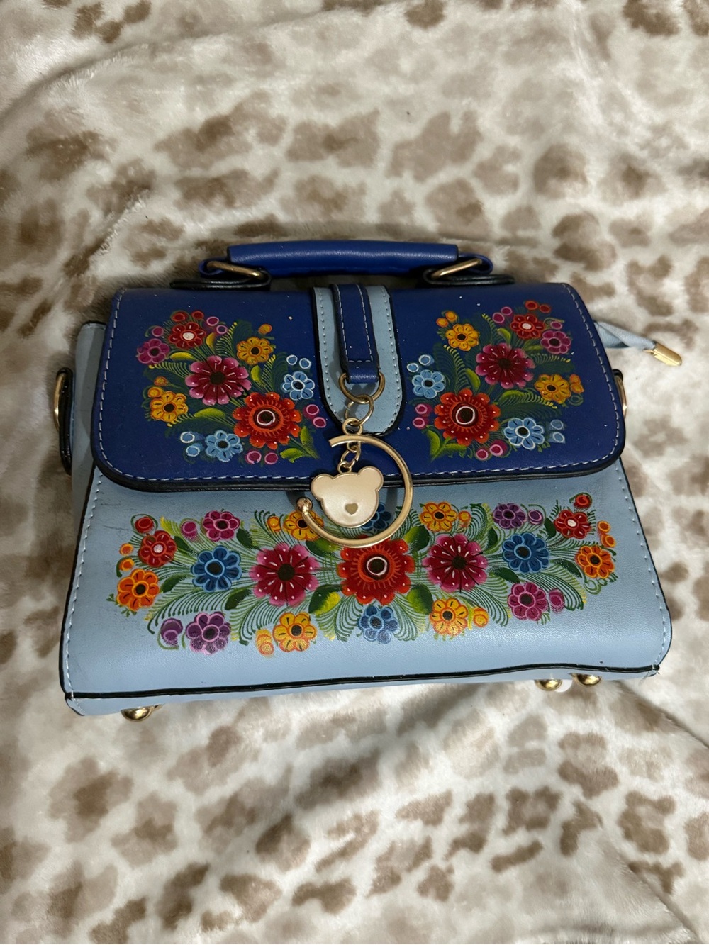 Hand-Painted Floral Blue Crossbody Purse | Artisan Top Handle Bag